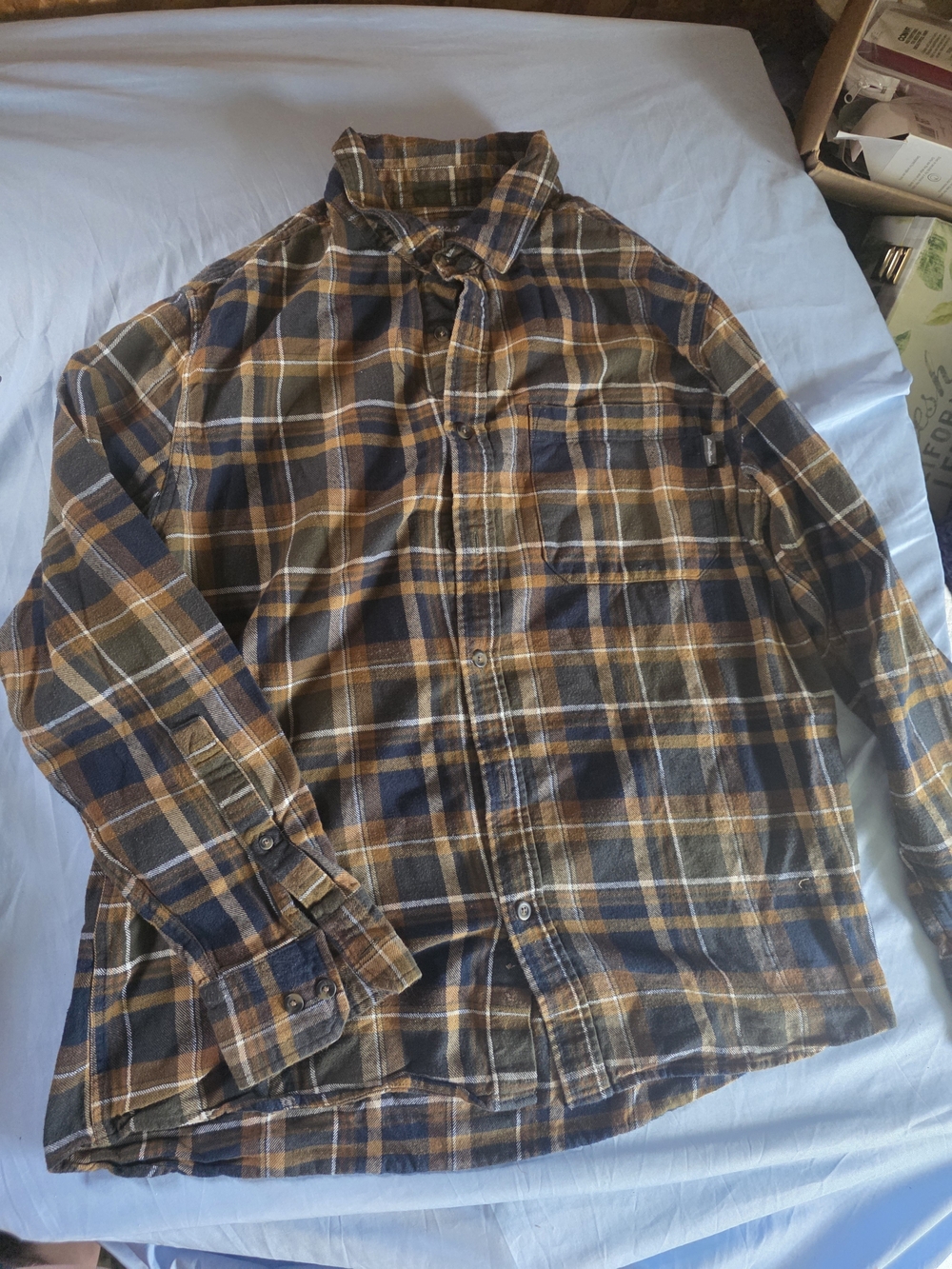 Eddie Bauer Navy Blue and Brown Plaid Flannel Shirt